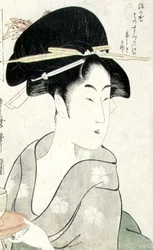 T H Riches 1913 Bystporträtt av en kvinna som håller i en tekopp, från serien `Meisho Koshikake Hakkei` (träblockstryck)