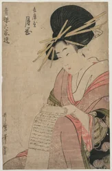 Courtesan Tsukioka från Hyogoya Rolling a Letter, sent 1790-tal.