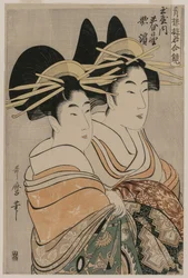 Kurtisanerna Kasugano och Utahama från Tamaya..., ca. 1800.