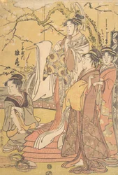 Oiran Hinazuru från Chojiya står på en hög med futon, ca. 1794.