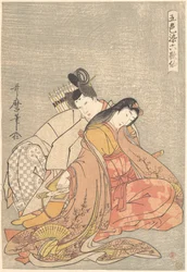 ”Poeten Ariwara no Narihira (825-880) och Ono no Komachi”, ur serien Kärlekens fem färger för de sex odödliga poeterna (Goshiki-zome rokkasen)