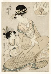 Kurtisanen Takigawa och hennes skötare från Ogiya i anspelning på poeten, 1800-02 (träkloss)