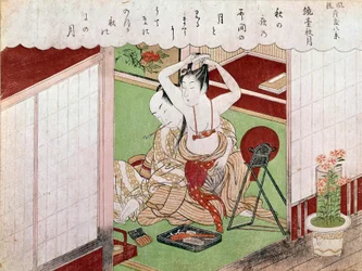 Den eleganta damens toalett. Japanskt tryck av Kitagawa Utamaro (1753-1806). Mått: 0,38 x 0,25 m. 1794-1795. Paris, Guimetmuseet, Nationella museet för asiatisk konst