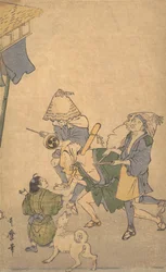 Tre revelers av de lägre klasserna, bära Komuso-hattar..., sent 1700-tidigt 1800-tal.