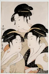Tre vackra i vår tid. Japanskt tryck av Utamaro Kitagawa (1753 - 1806) stil Ukiyo-E, cirka 1794. Paris, Musee Guimet