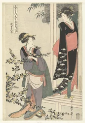 Två kvinnor vid en blommande yamabukibuske: andra akten. Nidanme (titel på objekt) Parodi på Chushingura av kända skönheter. (serietitel) Komei bijin mitate Chushingura (serietitel på objekt)