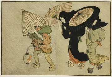 Two Women and Attendant Capught in a Storm, från den illustrerade boken "Picture Book: Flowers of the Four Seasons (Ehon shiki no hana)," vol. 2