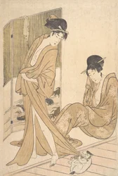 Två unga kvinnor insvepta i Yukata efter ett bad, ca. 1796.