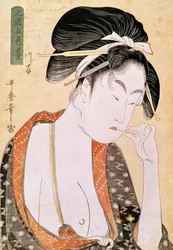 Kvinna längtar efter läpparna Japanskt tryck av Utamaro Kitagawa (1753-1806). 1700-talet. Paris, Guimet Museum, Asian Arts Museum