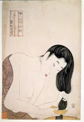 Kvinna som målar sig själv. sd. Konstverk av Utamaro KITAGAWA (1753-1806).