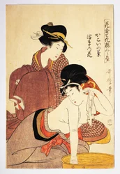 Kvinna som tvättar sig, cirka 1803, illustration av Kitagawa Utamaro (1753-1806) från Hana Awase Kesho Kurabe, Aiban-tate-e träsnitt, japansk civilisation, Edo-perioden