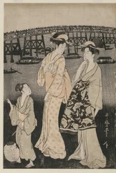 Kvinnor som njuter av den svala kvällen nära Ryogoku-bron