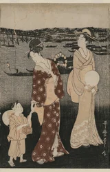 Kvinnor som njuter av den svala kvällen nära Ryogoku-bron