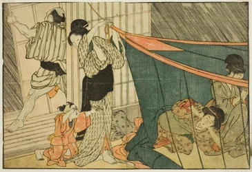 Kvinnor inuti ett myggnät under ett åskväder, från den illustrerade boken "Picture Book: Flowers of the Four Seasons (Ehon shiki no hana)," vol. 1