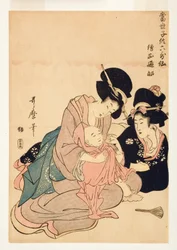 Kvinnor som gosar en pojke klädd som poeten Henjo, 1804-06 (träblock)