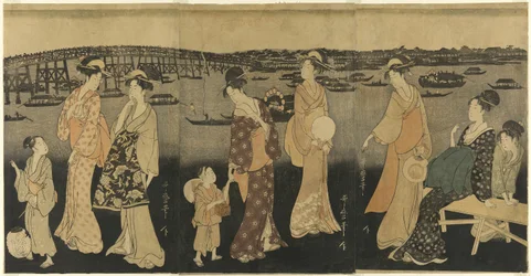 Kvinnor tittar på fyrverkerier vid Sumida River