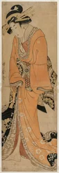 Geisha som står bredvid ett Shamisen-fodral