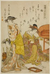 The Courtesan Hitomoto of the Daimonjiya, från albumet "Comparing New Beauties of the Yoshiwara - A Mirror of Their Own Writings (Keisei shin bijin awase jikihitsu kagami)"