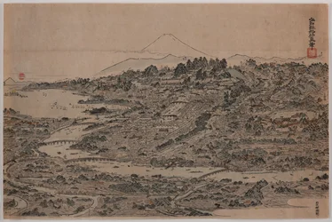 Fågelperspektiv av Edo, ca 1800-1810 (träsnitt på papper)