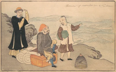 Grupp av tre kinesiska män på en klippa vid havet, 1789.