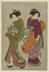 Kitao Shigemasa (1777) Geisha och en tjänare som bär hennes shamisenlåda