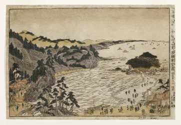 Utsikt över Golden Turtle Hill vid Enoshima och Shichiri Beach från Kamakura-bergen, 1783-90 (träblock)