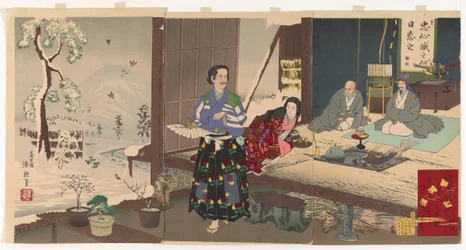 Chushingura, Yuranosuke i pension (träblocktryck, bläck och färg på papper)