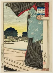 Avlägsen vy av Matsuchi Hill sett från Sumida River (Sumidagawa yori Matsuchiyama enkei) från serien "A Hundred Views of Musashi Province (Musashi hyakkei no uchi)"
