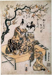 Japansk konst: en musiker ger en flöjtlecon till en ung kvinna. Tryck av Kiyohiro Torii (1737-1766) 1700-talets Paris, B.N.