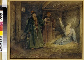Le tsar Ivan IV le terrible (1530-1584) et Maliouta Skouratov (mort en 1573) visitant le Boyard (boiard, boiar) Morozov (?) i fängelse. (Tsar Ivan IV den förskräcklige och Malyuta Skuratov besöker Boyar Morosov). Peinture de Klavdi Vasilyevich Lebedev (185