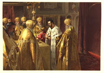 Nicholas II:s kröningsceremoni. Eucharist par Lebedev, Klavdi Vasilyevich (1852-1916)