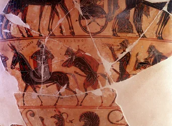 Hephaistos (Hephaestos) återkomst i Olympen - detalj av pannan, främre B nedre register - 