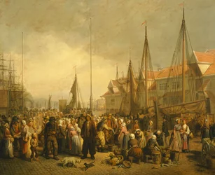 Fiskmarknad i Bergen av Knud Bergslien, Norge 1800-talet
