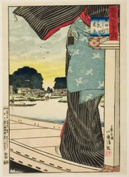 Avlägsen utsikt över Matsuchi Hill från Sumidafloden (Sumidagawa yori Matsuchiyama enkei), från serien "One Hundred Views of Musashi Province (Musashi hyakkei no uchi)"