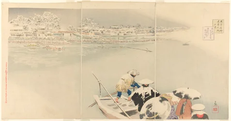 Andra månaden: Matsuchi Hill in Snow at Dusk (Kisaragi, Matsuchiyama yuki no tasogare), från serien "True Views of Famous Places in Tokyo (Tokyo meisho shinkei no uchi)"