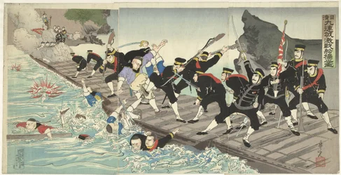 Hårda strider på den flytande bron i Kiuliencheng under det kinesisk-japanska kriget Nisshin Kyurenjo kisen senkyo no zu (titel på objekt)