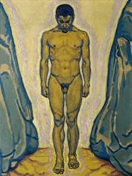 Stående manlig naken mellan stenar, ca. 1915.