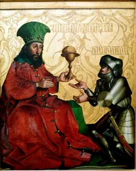 Abraham och Melkisedek Kungen av Salem Melkisedek (Melkisedek eller Melkisedek eller Melkisedek eller Melkisedek) erbjuder Abraham, segrande i en strid mot Kedorlaomer (Kedor Laomer), bröd och vin. Målning av Conrad Witz (