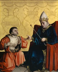 Antipater knäböjer inför Julius Caesar från Hohlspiegel-altartavlan, ca 1435 (blandmaterial på ekpanel)