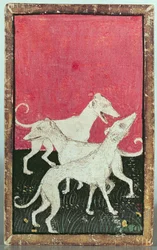 Tre jagthunde, en af et sæt spillekort, der viser scener med høvisk hawking, Upper Rhein Are, ca. 1440-45 (pen og blæk, wc) (se også 87698, 88300 og 88302-04) sverige