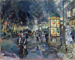 Parisian Boulevard på natten (Parisan Boulevard på natten). Beskrivning av animationen i huvudstaden, med vandrare, reklamkiosker (Morris-pelare), träd och belysning. Målning av Konstantin Alexeyevich Korovin (Constantin Korovin) (1861-1939)