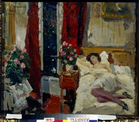 ""I rummet"" (I rummet) ung kvinna i negligé som ligger i en säng Målning av Konstantin Alexeyevich Korovin (Constantin Korovin) (1861-1939) 1911 - Olja på duk Dim 54x65 cm Kazakstans statliga konstmuseum, Almaty