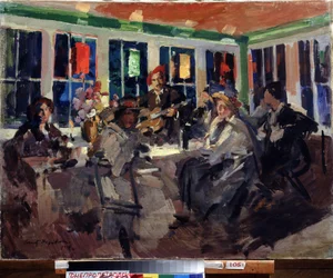 På ett café (på ett café). Kvinnor sitter nära ett burspråk, upplysta med färgade lyktor, åtföljda av en gitarrist. Målning av Konstantin Alexeyevich Korovin (Constantin Korovin) (1861-1939), olja på duk
