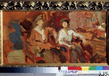 Två på korgstolarna. (Två på korgstolarna). Två unga kvinnor som bär hattar, sittande sida vid sida. Målning av Konstantin Alexeyevich Korovin (Constantin Korovin) (1861-1939), olja på duk