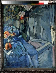 Blommor och frukter. Stilleben, ett hörn av bordet med en halvvikt duk, på vilken är placerade frukter och en vas med blommor. Verk av Konstantin Alexeyevich Korovin (Constantin Korovin) (1861-1939), tempera på kartong