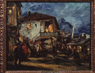 Gurzuf (Krim) (Gurzuf). Gatubild i hamnbyn med trähus. Målning av Konstantin Alexeyevich Korovin (Constantin Korovin) (1861-1939), olja på duk