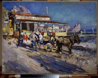 Gurzuf (Krim) (Gurzuf). Hamnbyn häckar i hålet i en vik, med utsikt över björnens berg. Målning av Konstantin Alexeyevich Korovin (Constantin Korovin) (1861-1939), olja på duk