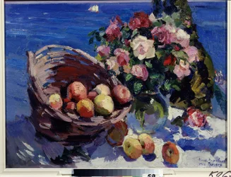 Gurzuf, Ukraina (Gurzuf). Stilleben av blommor och frukter nära havet Målning av Konstantin Alexeyevich Korovin (Constantin Korovin) (1861-1939), olja på duk
