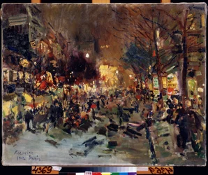 Grand Boulevard i Paris (Boulevard i Paris). Utsikt över den livliga gatan på kvällen. Du kan se Morris-kolumner till höger. Målning av Konstantin Alexeyevich Korovin (Constantin Korovin) (1861-1939), olja på duk