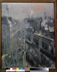 Paris (Frankrike) (Paris). Utsikt över fasaderna på boulevarden Montmartre, en höstmorgon. Målning av Konstantin Alexeyevich Korovin (Constantin Korovin) (1861-1939), olja på duk